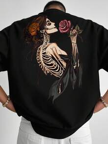 Manfinity EMRG Tricou casual cu mânecă scurtă și guler rotund cu imprimeu craniu pentru bărbați, mărime plus - Negru - Vizualizare 1
