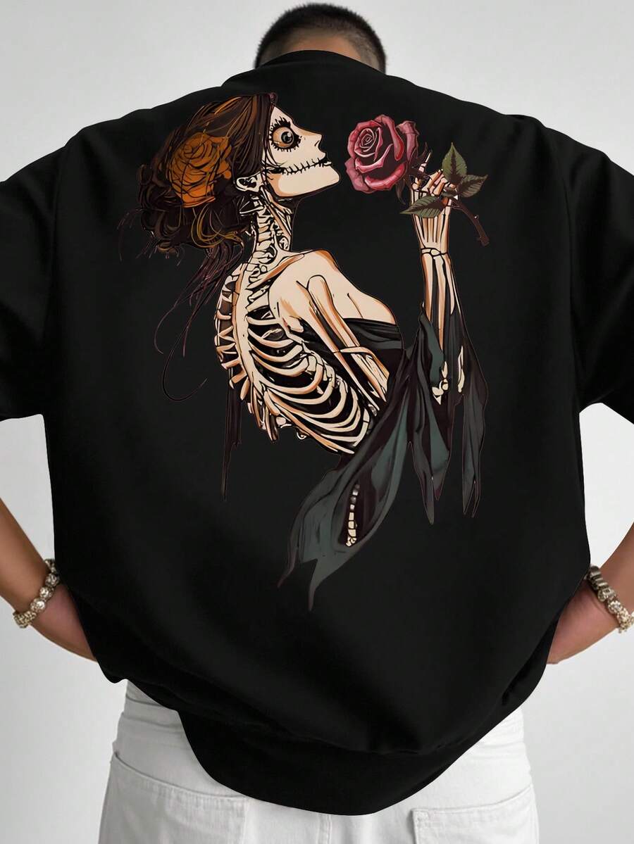 Manfinity EMRG Tricou casual cu mânecă scurtă și guler rotund cu imprimeu craniu pentru bărbați, mărime plus - Negru - Vizualizare 1