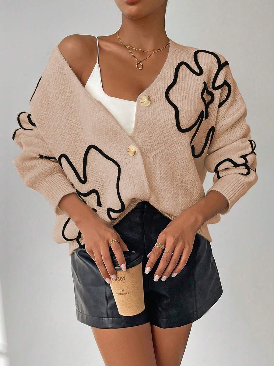 SHEIN LUNE Cardigan Wanita Lengan Panjang Leher V Elegan dengan Kancing Depan dan Bordir - Unta - View 1