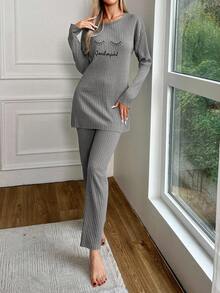 EURMUSE Women's Letter Embroidered Long Sleeve Pants Pajama Set - Grey - View 3