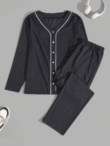 SHEIN Cottnline Men Striped Fabric Cardigan Regular Homewear Set - Navy Blue - View 2