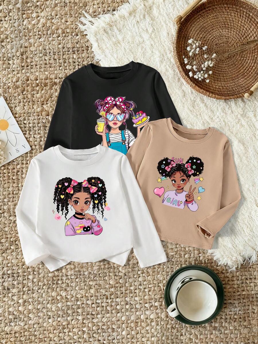 Set de 3 camisetas de manga larga con cuello redondo y estampado gráfico de dibujos animados lindos y casuales para niñas, de colores variados, tops de otoño para uso diario y al aire libre