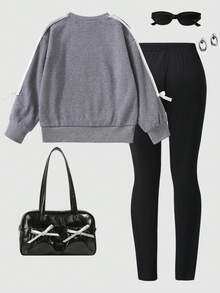 2 件套女童韩版休闲灰色运动衫配蝴蝶结和紧身裤套装 - 灰色 - 查看 2