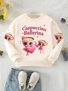 SHEIN 女童休闲时尚创意卡通杯子和芭蕾女孩爱心图案印花圆领卫衣，适合女孩，秋季 - 卡其色 - 查看 3