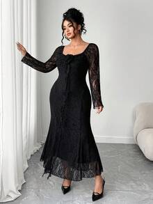 Elenzga Váy ren thanh lịch cỡ lớn dành cho nữ với họa tiết hoa 3D và viền đuôi cá - màu đen - Xem 4