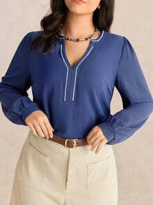 EMERY ROSE Plus Size Women Embroidered Wheat Ear Pattern V-Neck Solid Color Long Sleeve Loose Blouse Top, Suitable For Going Out, Vacation, Boho, Elegant Tops Shirt - Navy Blue - View 7