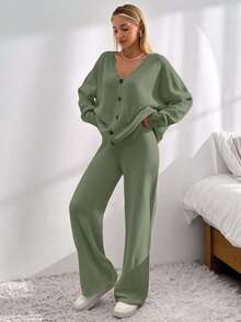 EURMUSE Drop Shoulder Cardigan & Tie Front Knit Pants - Olive Green - View 5