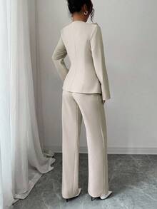 Elenzga 2 件秋冬复古翻领不对称肩部西装外套 + 裤子套装