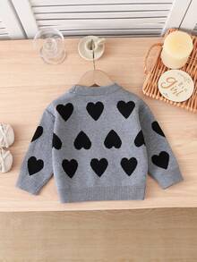 SHEIN Playful Pals Áo len dài tay dệt kim họa tiết trái tim dễ thương thời trang cho bé gái, thích hợp cho mùa thu/đông. - Xám - Xem 2