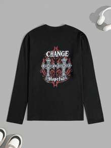 SHEIN Herren Rundhals Langarm Baumwolle Regular T-Shirt, Geschenk für den Freund - Schwarz - Übersicht 1