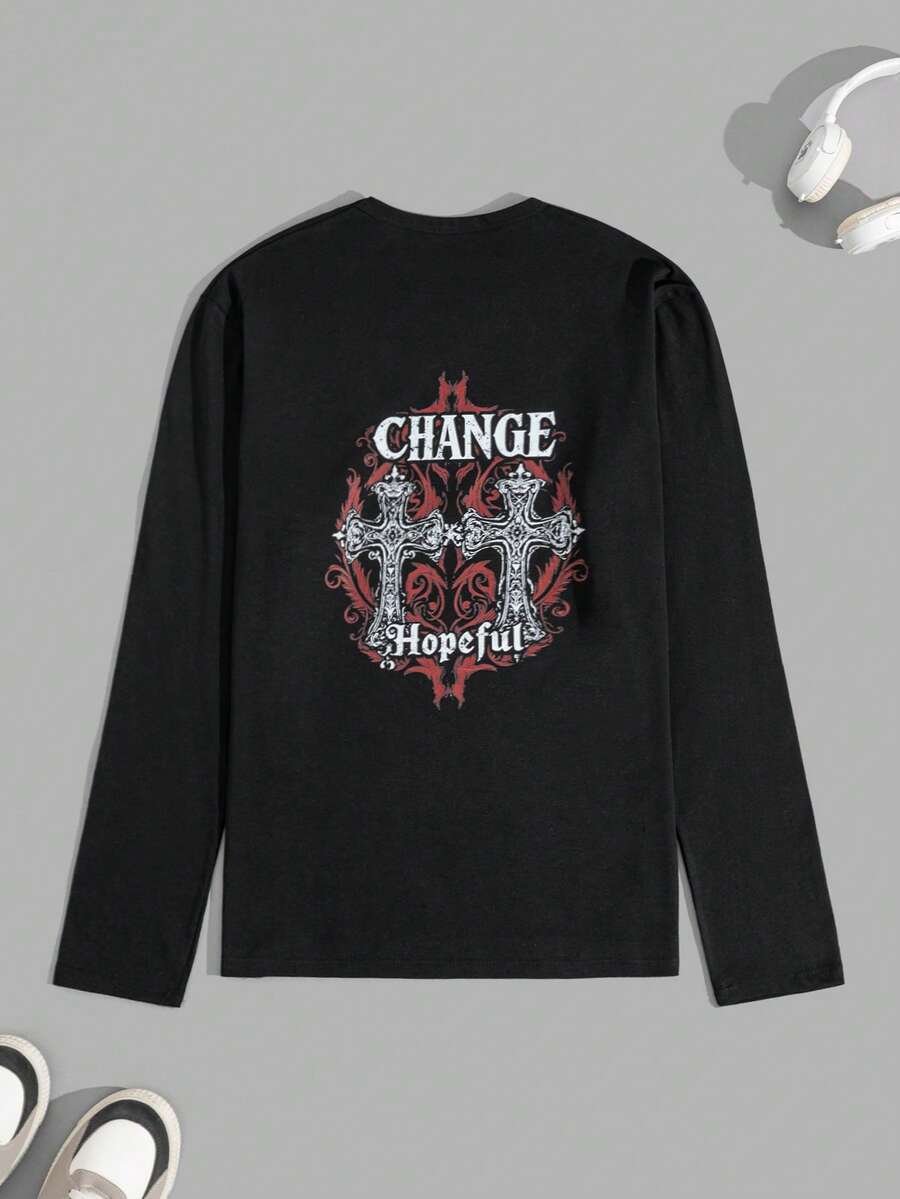 SHEIN Herren Rundhals Langarm Baumwolle Regular T-Shirt, Geschenk für den Freund - Schwarz - Übersicht 1