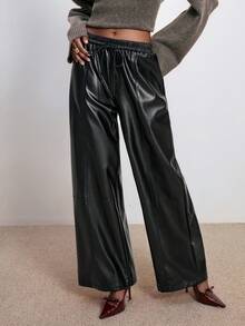 ATUI Studio Women's Black Elegant Faux Leather PU Pants,Autumn Night Casual Business Wear,Elastic Waist Loose Straight Leg Minimalism Old Money Aesthetic Pants - Black - View 4