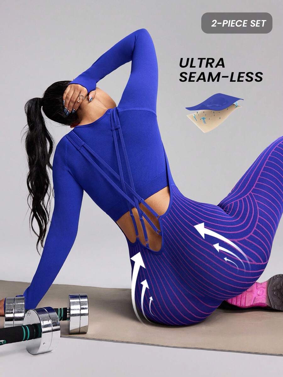 Innovista 无缝套装，蓝/紫色两件套：长袖拇指孔露脐上衣+条纹无缝连体裤，高弹力，四向可调节交叉后背带，提臀褶皱针织面料 | 塑形压缩，适合健身、瑜伽、普拉提