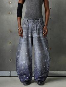 NEON BLANC 男士落肩宽松渐变星空印花牛仔裤 - 藍色 - 查看 2