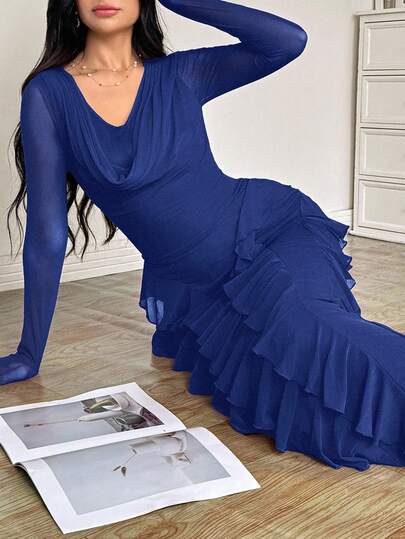 Modelyn Women's Elastic Mesh Flounce Collar Bodycon Elegant Dress, Spring/Summer