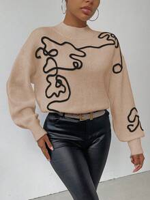 SHEIN LUNE 女式拼色立领休闲套头毛衣 - 卡其色 - 查看 5