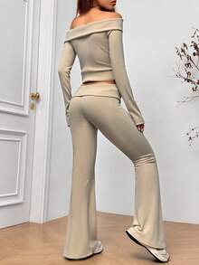 EURMUSE Damen Lässig Einfarbig Off-Shoulder Kurze Bluse und Hose 2 Stücke Set, Herbst - Weiss - Übersicht 2