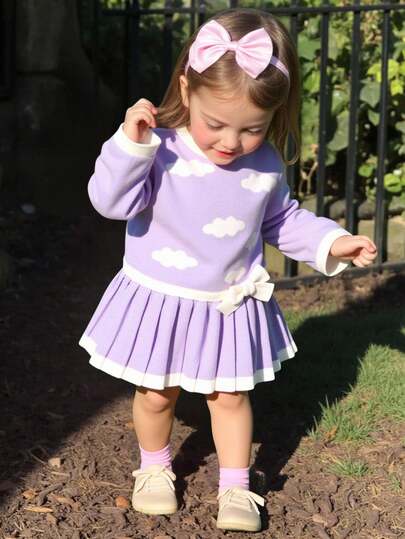 SHEIN Baby Girl Cute Casual Long Sleeve Round Neck Knitted Dress, Sky Blue Purple Baby Dress Lilac Baby Dress Lilac Blue Toddler Outfit Lavender Baby Girl Dress Toddler Purple Outfit Baby Clothes Fall Sweater Knit Baby Girl Clothes Baby Girl Winter Sweaters Baby Knitted Sweater Collared Baby Girl Dress Baby Girl Long Sleeve Dress Warm Baby Girl Dress Baby Winter Dress