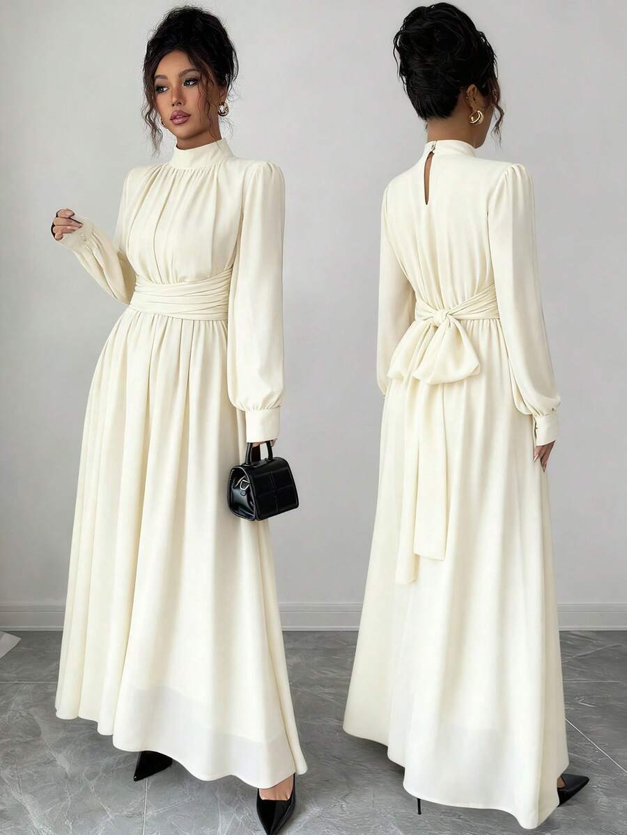 Elenzga Damen Lässig, Pendler, Urlaub, Nachmittagstee, Party einfarbiges braunes Chiffon Stehkragen, locker geschnittenes Kleid mit Kreuzband in Taille, A-Linie, Schleife, Futter, Langarm Maxikleid, Frühling/Herbst/Winter