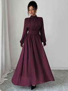 Elenzga 女士休闲、优雅、浪漫的西西里风纯色棕色雪纺立领宽松交叉系带A字长袖连衣裙，适合通勤、度假、下午茶、派对、春秋冬装。 - 紫紅色 - 查看 4