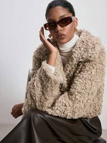 ATUI Studio Cappotto in pelliccia finta con bottoni frontali, maniche lunghe, colore unito, adatto per autunno/inverno, San Valentino - Cachi - Visualizzare 2