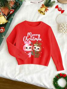 1pc Young Girl Red Christmas Sweater,Long Sleeve Autumn Holiday Cute Rabbit Graphic Print,Soft Loose Fit Casual Minimalist Fashion Versatile Knitwear - Light Grey - View 5