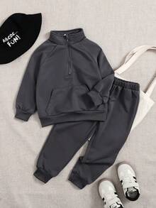 Playful Pals 2 件套小男孩幼儿休闲灰色领半拉链口袋长袖运动衫和松紧袖口裤子，适合户外玩耍或舒适的家居穿着，秋季 - 深灰色 - 查看 5