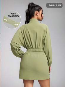 Innovista Women's Solid Color Raglan Sleeve Zip Front Jacket And Skirt Tennis Outfit Sporty Tennis Sets Crop Active Top Jacket Retro Polo And Skirts Shorts Athletic Style Built-In Shorts Pocket Essential Matching Workout Outfits Utilitarian Chic, Partywear Guidelines - Green - View 9