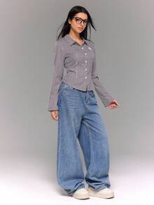 青少年女孩休闲日常办公室通勤马匹和条纹印花长袖修身衬衫，春秋季 - 彩色 - 查看 7