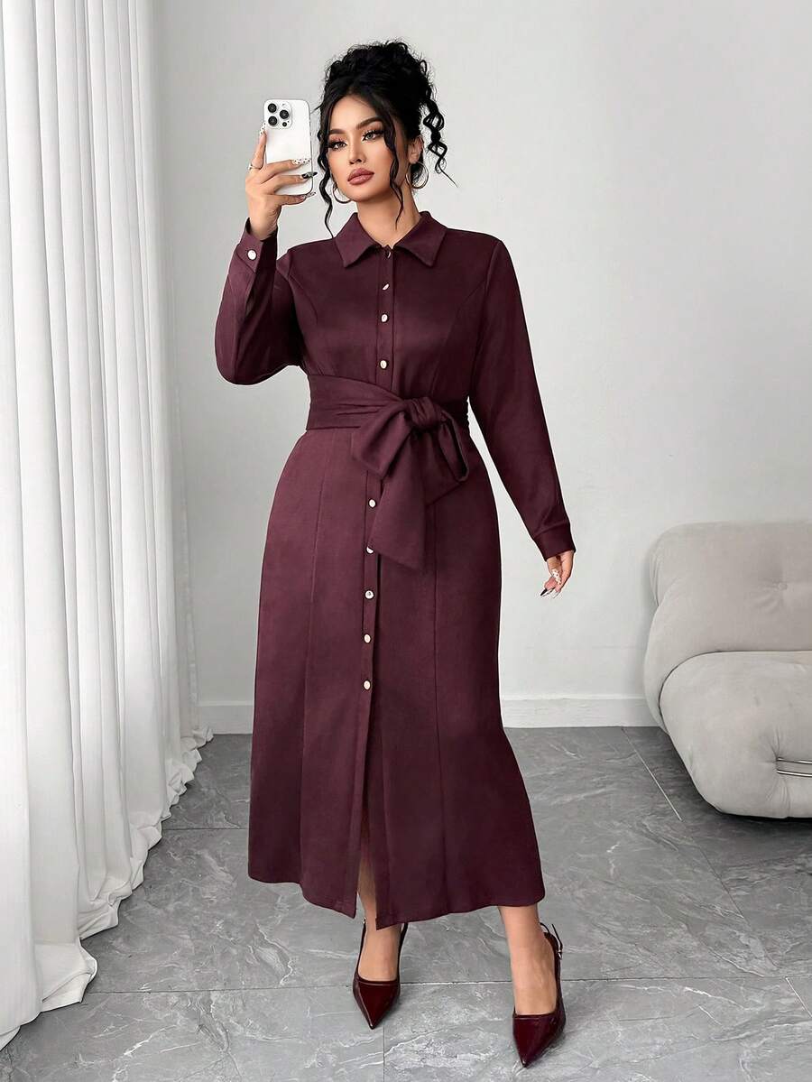 Elenzga Robe chemise femme grande taille, couleur unie, col cranté, boutons devant et ceinture, manches longues, décontractée, minimaliste, velours rétro, port quotidien, robe maxi épaisse, style casual chic occidental - Rouge foncé - Voir 1