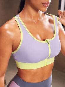 Powerista Women's Contrast Color Criss-Cross Back Zipper Front Sports Bra