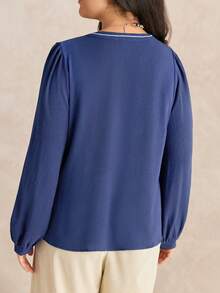 EMERY ROSE Plus Size Women Embroidered Wheat Ear Pattern V-Neck Solid Color Long Sleeve Loose Blouse Top, Suitable For Going Out, Vacation, Boho, Elegant Tops Shirt - Navy Blue - View 2