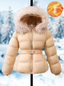 SHEIN Tween 女童时尚厚连帽束腰棉服外套，适合秋冬季日常休闲穿着 - 杏色 - 查看 4