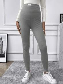 SHEIN Maternity Casual Solid Color High Waist Leggings - Grey - View 4