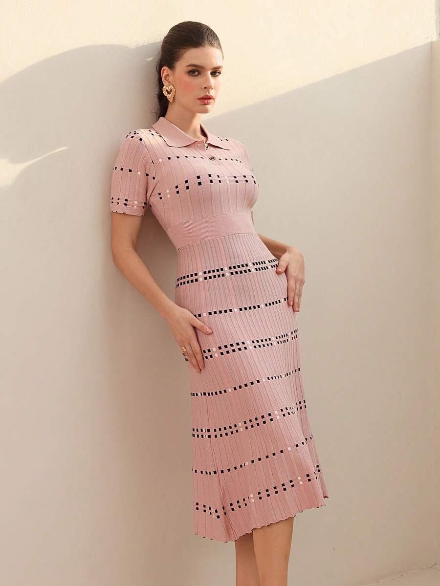 Modelyn Women's Polo Collar Plaid Short Sleeve Elegant Knitted Dress - Dusty Pink - View 1