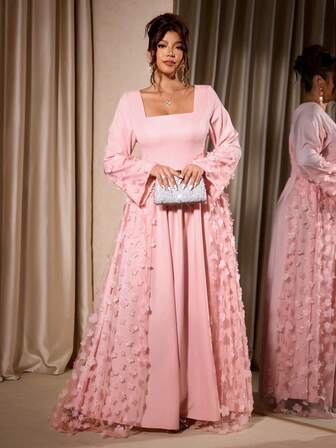 Cravure Abito lungo con maniche lunghe, scollo quadrato, decorazione floreale, colore rosa, adatto per feste, taglie comode