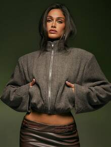 Denimoi Elastic Waist High Neck Cropped Zip Front Herringbone Jacket - Brown - View 5