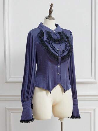 EDITION Große Größen Mittelalterliches Vintage Dunkel Gothic Umlegekragen Langarm Hemd