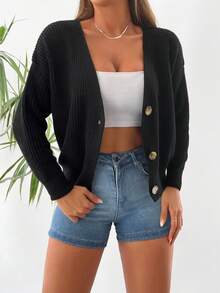 EURMUSE Drop Shoulder Button Front Cardigan - Black - View 3