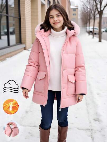 SHEIN 时尚青少年女孩连帽中长款棉衣，撞色毛皮领子，2 个前口袋，宽松版型，舒适，适合秋冬季、日常、通勤、户外、聚会、聚会、拍照