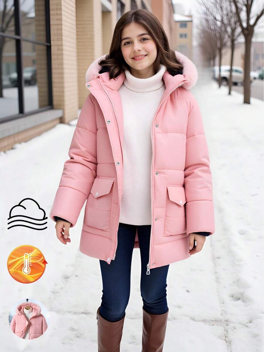 SHEIN 时尚青少年女孩连帽中长款棉衣,撞色毛皮领子,2 个前口袋,宽松版型,舒适,适合秋冬季、日常、通勤、户外、聚会、聚会、拍照 - 藕粉色 - 查看 1
