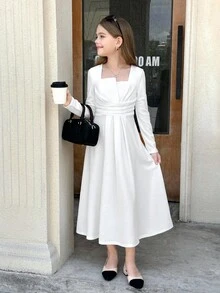 SHEIN 女童方领泡泡袖收腰短袖连衣裙 - 白色 - 查看 4