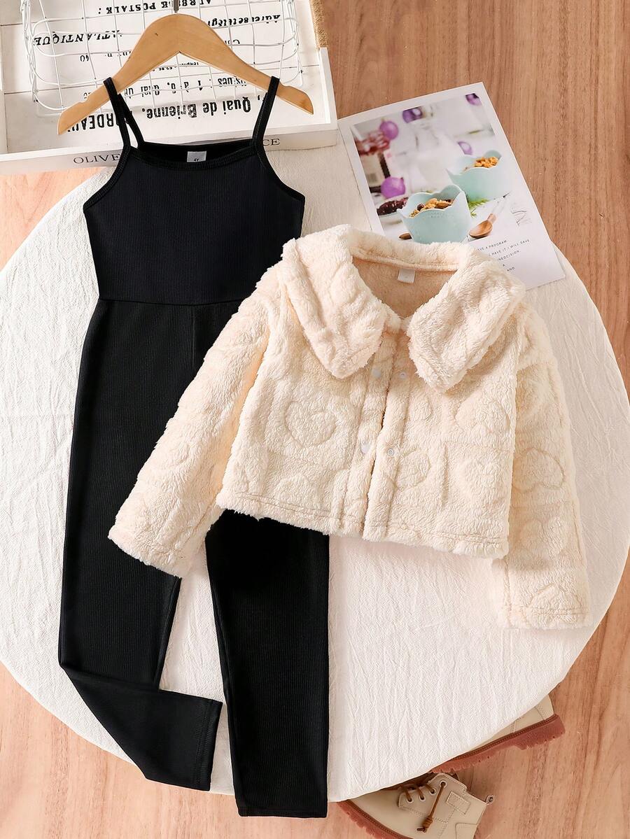 Elladie kids 女孩可爱甜美休闲连体裤和粉色衬衫上衣夹克套装，蓬松开衫，适合秋季、冬季 - 杏色 - 查看 1