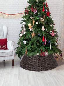 Cirelle 1pc, Christmas Tree Collar, Plastic Rattan Christmas Tree Skirt, Rural Decoration, Christmas Tree Skirt Base, Natural Woven Christmas Tree Fence, Farmhouse Paper Rope Christmas Tree Skirt, Holiday Rural Brown Base Cover For Christmas Tree Decoration, Christmas Decoration, Christmas Gifts - Brown - View 8