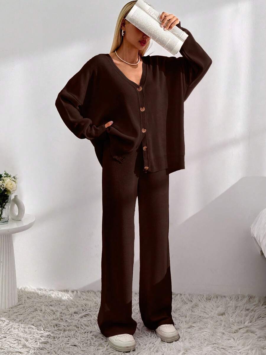 SHEIN Tall Áo khoác cardigan dáng rộng màu trơn đơn giản cho nữ size lớn và quần dệt kim buộc phía trước để mặc hàng ngày - màu nâu - Xem 1