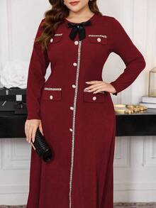 Modelyn Plus Size Ribbed Bowknot Decor A-Line Long Sleeve Casual Dress Suitable For Spring And Autumn Maxi Women Outfit Long Evening Dresses - Burgundy - View 4