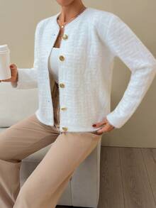 EURMUSE Women Soft Touch Gold Button Front Detailed Knit Cardigan Soft Knit Cardigan With Gold Buttons, Elegant Crew Neck Sweater For Minimalist Fall Winter Outfits - Cream - View 6