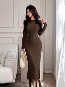 Feyla 1pc Women Solid Round Neck Long Sleeve Fitted Fringed Hem Dress, Minimalist Design Long Evening Dresses - Brown - View 3