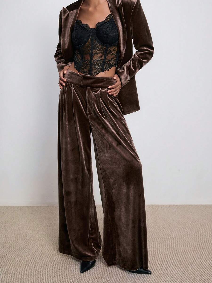 ATUI Studio Women's Brown Winter Casual Fashion Simple Party Daily Versatile Brown Velvet Loose Wide-Leg Suit Pants,Autumn Winter Pants,Christmas,New Year Look,Party,Thanksgiving, Effortless Chic Essential, Casual Versatile Business Wear, Old Money Aesthetic, Minimalism - Coffee Brown - View 1
