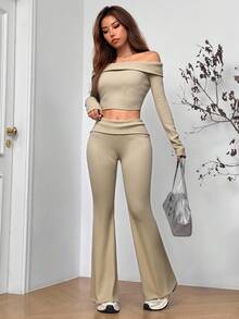 EURMUSE Damen Lässig Einfarbig Off-Shoulder Kurze Bluse und Hose 2 Stücke Set, Herbst - Weiss - Übersicht 3